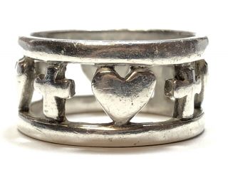 Vintage Ladies Solid Sterling Silver Religious Cross/heart Ring - Size 8