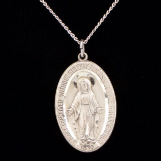 Vtg Sterling Silver Miraculous Medal Virgin Mary Pendant 24 " Chain Necklace 9.  5g