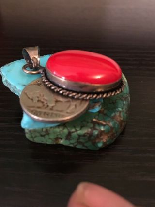 Vintage Native American Red coral Sterling Silver Pendant 8.  5 g 2