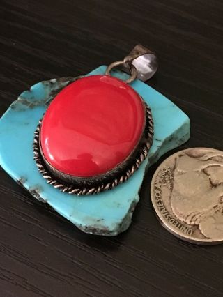 Vintage Native American Red coral Sterling Silver Pendant 8.  5 g 3
