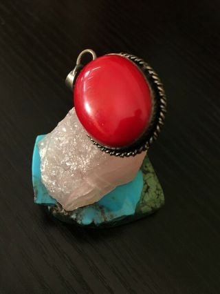 Vintage Native American Red coral Sterling Silver Pendant 8.  5 g 8