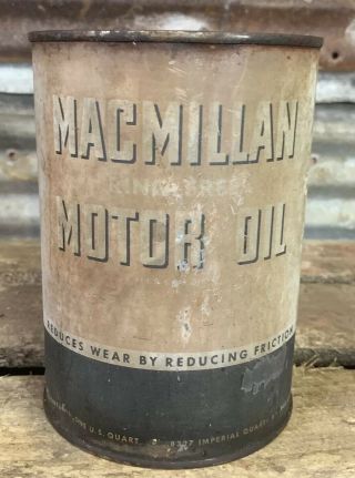 Full Vtg 50s Macmillan Motor Oil 1946 Chicago Metal Quart Can Gas Station Nos