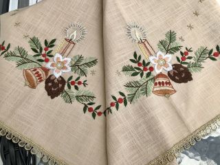 German Linen Christmas Tablecloth Topper Bells Pine Cone Candle Spruce Vtg 32x32
