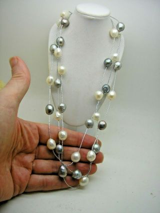 Vintage 3 Row 10mm White & Silver Grey Akoya Pearl Necklace On Sterling Silver