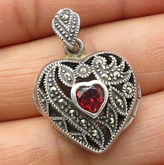 925 Silver - Vintage Garnet & Marcasite Heart Locket Pendant (opens) - P5400