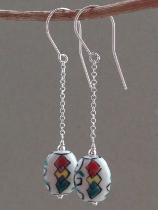 Vintage Oval Chinese Hand Painted Porcelain Beads Sterling Silver Earrings