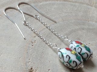 Vintage Oval Chinese Hand Painted Porcelain Beads Sterling Silver Earrings 3