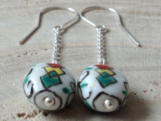 Vintage Oval Chinese Hand Painted Porcelain Beads Sterling Silver Earrings 5
