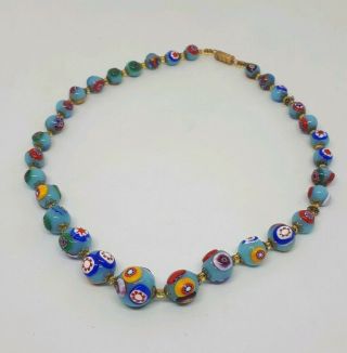 Vintage Venetian Murano Glass Millefiori Necklace Beads Art Deco Graduated Blue