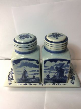 Vintage Blauw Delft Blue & White Lidded Jar Set With Matching Tray - Holland