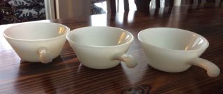 3 Vintage Anchor Hocking Oven Proof White Milk Glass Soup Bowls With Handle