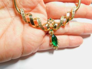 High End Green Clear Rhinestone Gold Tone Metal Choker Necklace Vintage