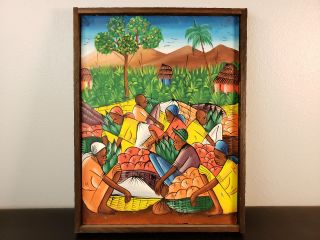 Vintage Framed Haitian Folk Art Oil Painting Singed Nenel Market Scene