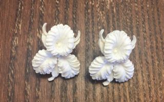 Vintage Old Plastic Celluloid White Flower Sculpted Dimensional Pierced Earrings
