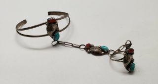 Vintage Navajo Sterling Silver Turquoise & Coral Slave Cuff Bracelet Ring Set