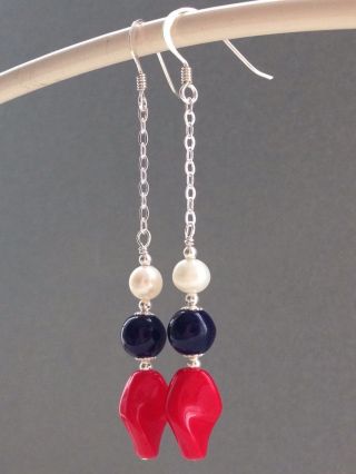 Vintage Red & Blue Glass And White Fw Pearls Sterling Silver Earrings