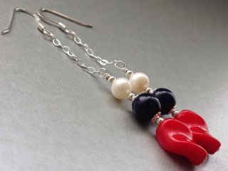 Vintage Red & Blue Glass and White FW Pearls Sterling Silver Earrings 2