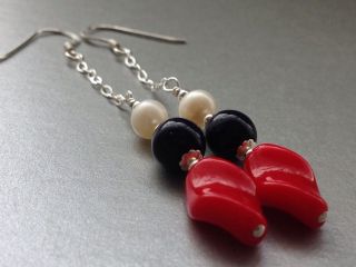 Vintage Red & Blue Glass and White FW Pearls Sterling Silver Earrings 3