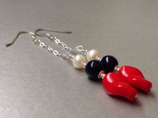 Vintage Red & Blue Glass and White FW Pearls Sterling Silver Earrings 4
