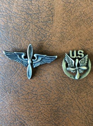 (2) Vintage Ww2 Era Us Army Air Corps Sterling Silver Military Badge Pins