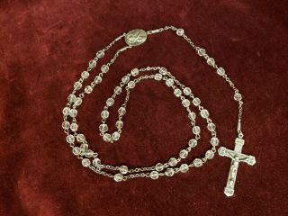 Vintage Clear Beaded Catholic Rosary Necklace With Sterling Silver Cross 16 "
