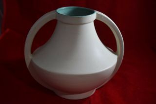 Vintage Art Deco Two Handled Coors Art Pottery Vase - Matt Finish,  Cream/Turquoise 3
