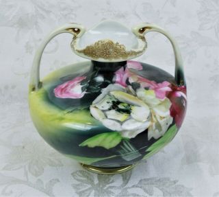 Vintage Porcelain Floral Hand Painted Austrian Handled Vase