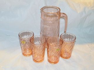 Vintage France French Art Glass Arcoroc Pink Pitcher Glasses Rosaline Art Deco
