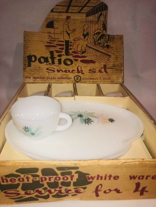 Vintage Federal Milk Glass Atomic Flower Patio Snack Set 1950 