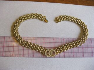 Vintage Gold Tone Choker Necklace W/ Rhinestone Studded Interlocking Circles