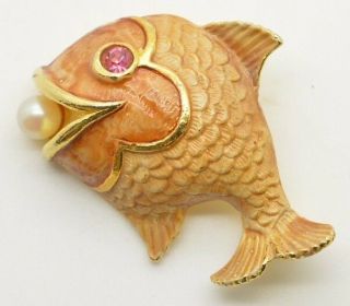 Vintage Very Large Enamel Fish Brooch Pin Gold Fish With Pearl In Mouth