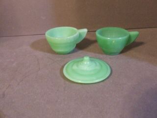 3 Vintage Akro Agate Green Glass Jadeite Cups And Lid