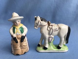 Vintage Cowboy And Horse Salt And Pepper Shaker Set Ceramic Signed Japan
