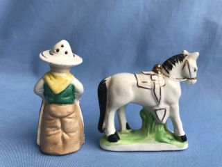 Vintage Cowboy and Horse Salt and Pepper Shaker Set Ceramic Signed Japan 2