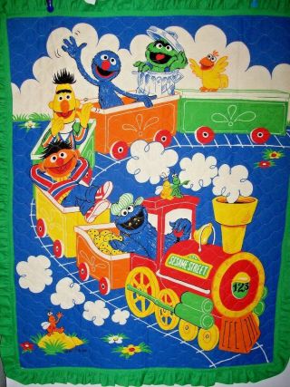 Vintage Sesame Street Baby Comforter Blanket Crib Quilt Train Bert Ernie Oscar