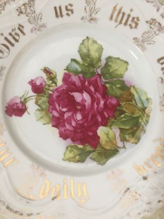 Vintage Two Handled Cake Plate Give Us This Day Our Daily Bread with Roses 5