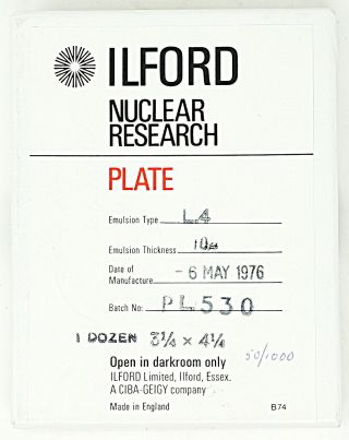 Ilford Nuclear Research Plate L.  4 10u 3 1/4 X 4 1/4 Box Of 12 1976