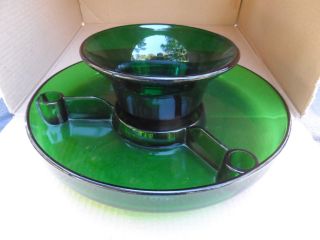 Large Vintage Forest Green Glass Chip N Dip 2 Piece Set / Serving 3 Section Dish