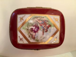 Vintage Hand Painted Porcelain Box With Gold Accents,  Brass Mounting French