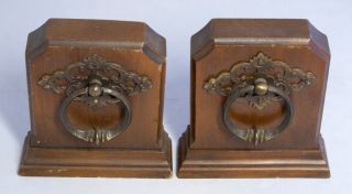 Vintage Wooden Bookends With Decorative Metal Ring