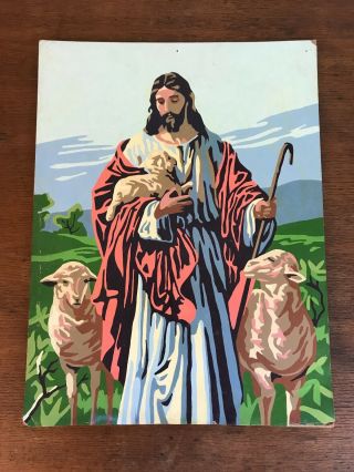 Paint By Number Pbn Distressed Vintage Jesus And The Sheep Painting 12 " X 16 "