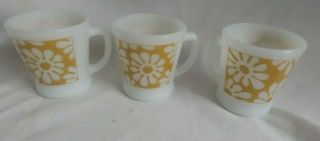 3 Vintage Fire - King Coffee Mug White Milk Glass With Gold / Yellow Floral Flower