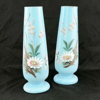 Vintage Blue & Floral Hand Painted Glass Vase X 2