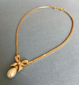 Vintage Christian Dior Rhinestone Faux Pearl Drop Necklace Gold Tone