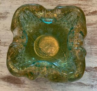 Vintage Heavy Art Glass Ashtray Turquoise W/ Gold - Murano Style