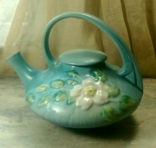 Vintage Roseville Teapot,  1 - T White Rose,  Blue Green Color