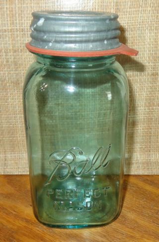 Old Vintage 9 Square Blue Glass Ball Quart Canning Jar Mason Zinc Lid Zink Cap