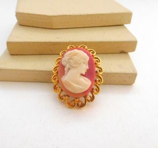 Vintage Pink White Carved Cameo Victorian Style Brooch Pin O31