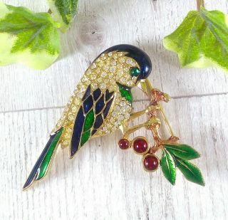 Vintage Enamel Bird On Branch Brooch With Clear Stones