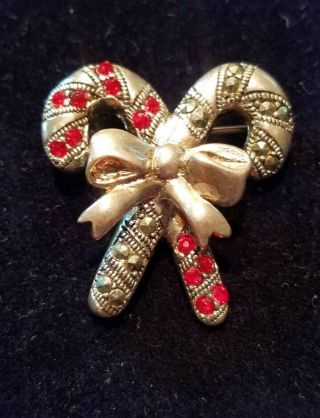 Vintage Sterling Silver 925 Candy Cane Brooch Pin Marcasites Crystal